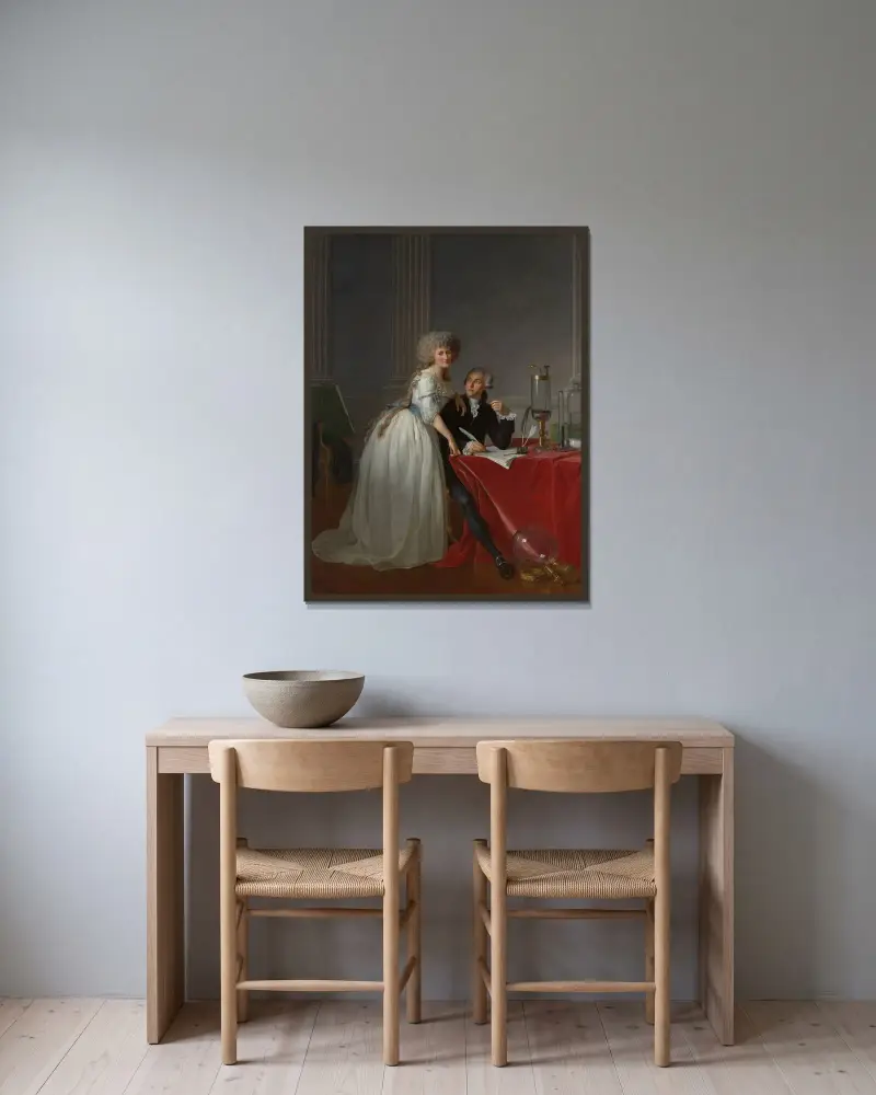 Antoine Laurent Lavoisier (1743–1794) and Marie Anne Lavoisier (Marie Anne Pierrette Paulze, 1758–1836) av Jacques Louis David inramad på en vägg