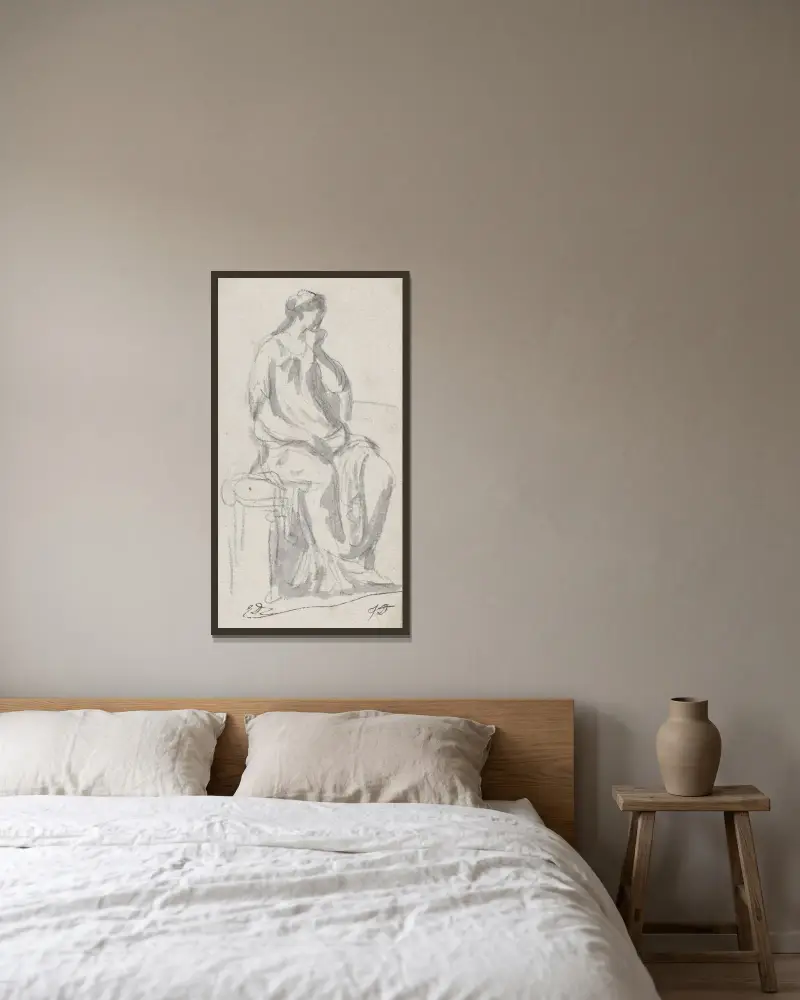Klassisk skulptur av en eftertänksam kvinna av Jacques Louis David inramad på en vägg