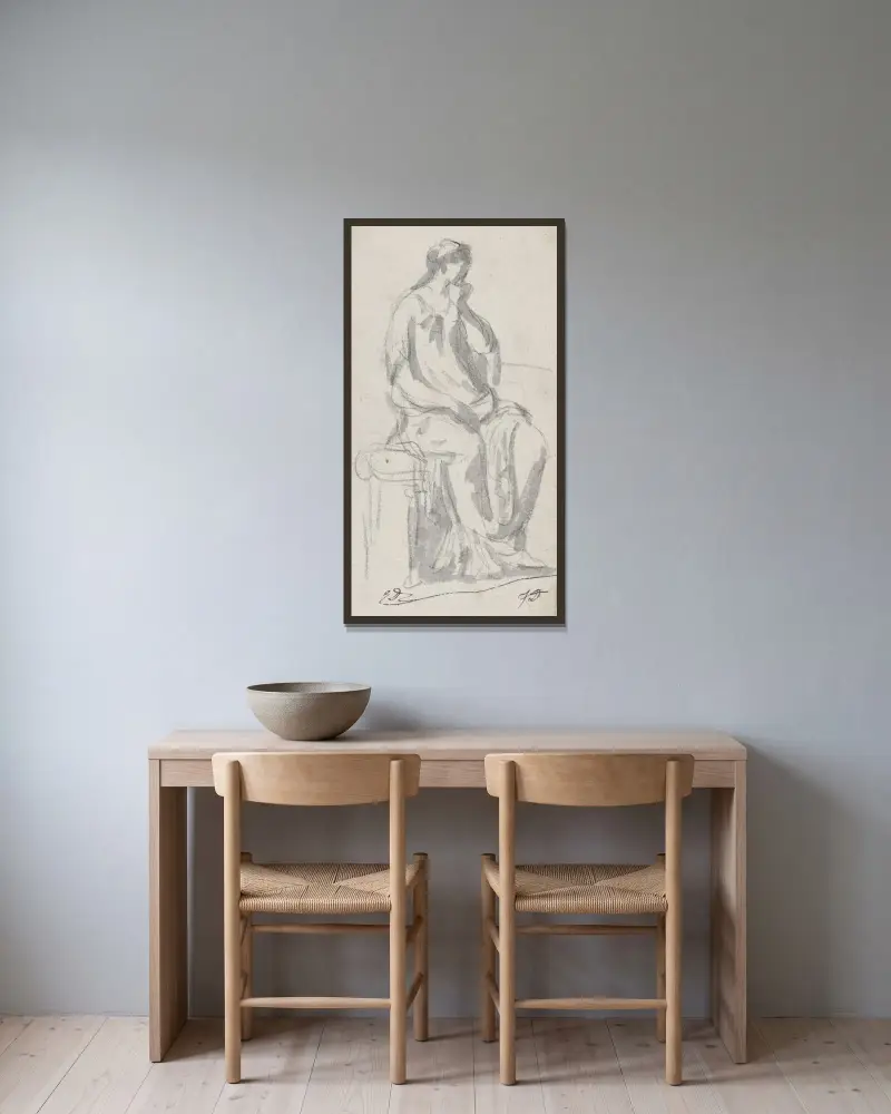 Klassisk skulptur av en eftertänksam kvinna av Jacques Louis David inramad på en vägg