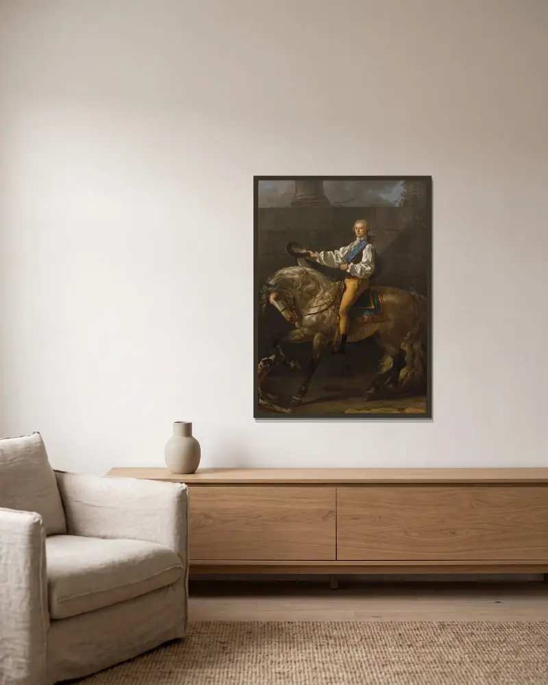 Ryttarporträtt av Stanisław Kostka Potocki av Jacques Louis David inramad på en vägg