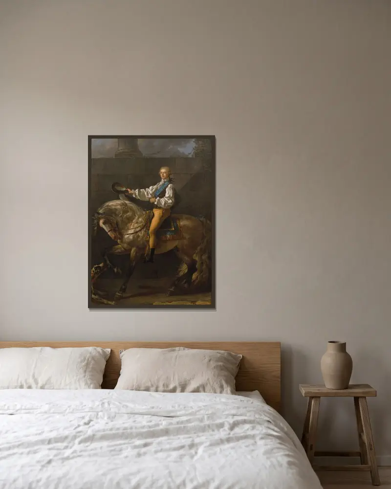 Ryttarporträtt av Stanisław Kostka Potocki av Jacques Louis David inramad på en vägg