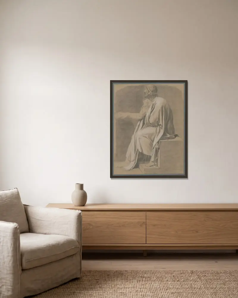 Figurstudie till ’Sokrates död’ av Jacques Louis David inramad på en vägg