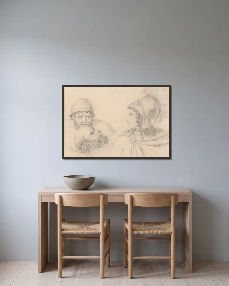 Wojownik w hełmie z dwoma brodatymi mężczyznami, Jacques Louis David w ramie na ścianie