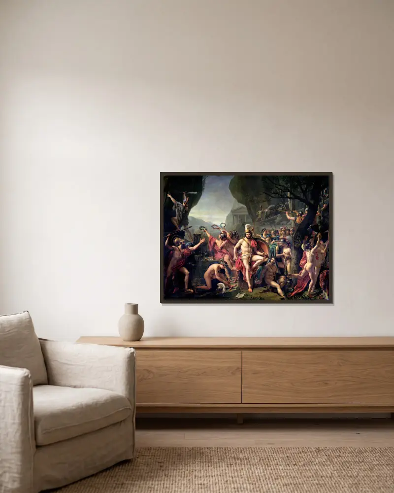 Leonidas bei den Thermopylen von Jacques Louis David gerahmt an einer Wand