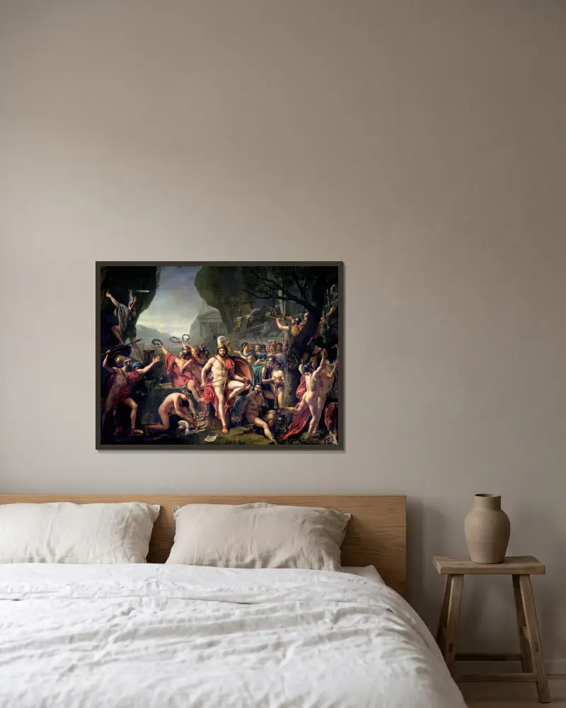 Leonidas bei den Thermopylen von Jacques Louis David gerahmt an einer Wand
