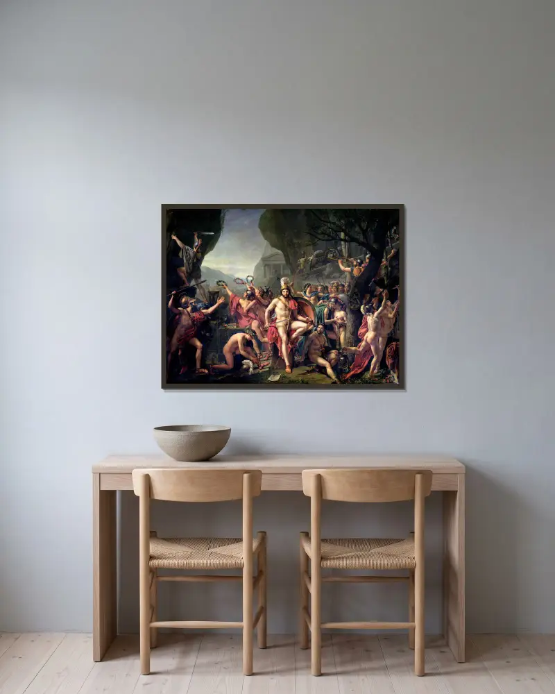 Leonidas bei den Thermopylen von Jacques Louis David gerahmt an einer Wand