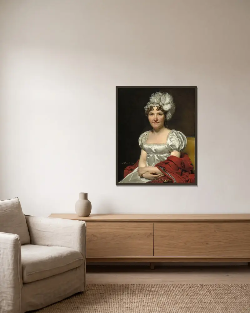 Madame David av Jacques Louis David inramad på en vägg