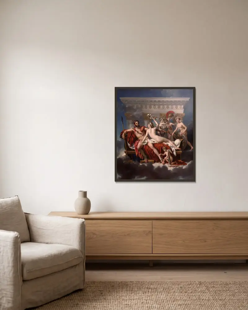 Mars avväpnad av Venus av Jacques Louis David inramad på en vägg