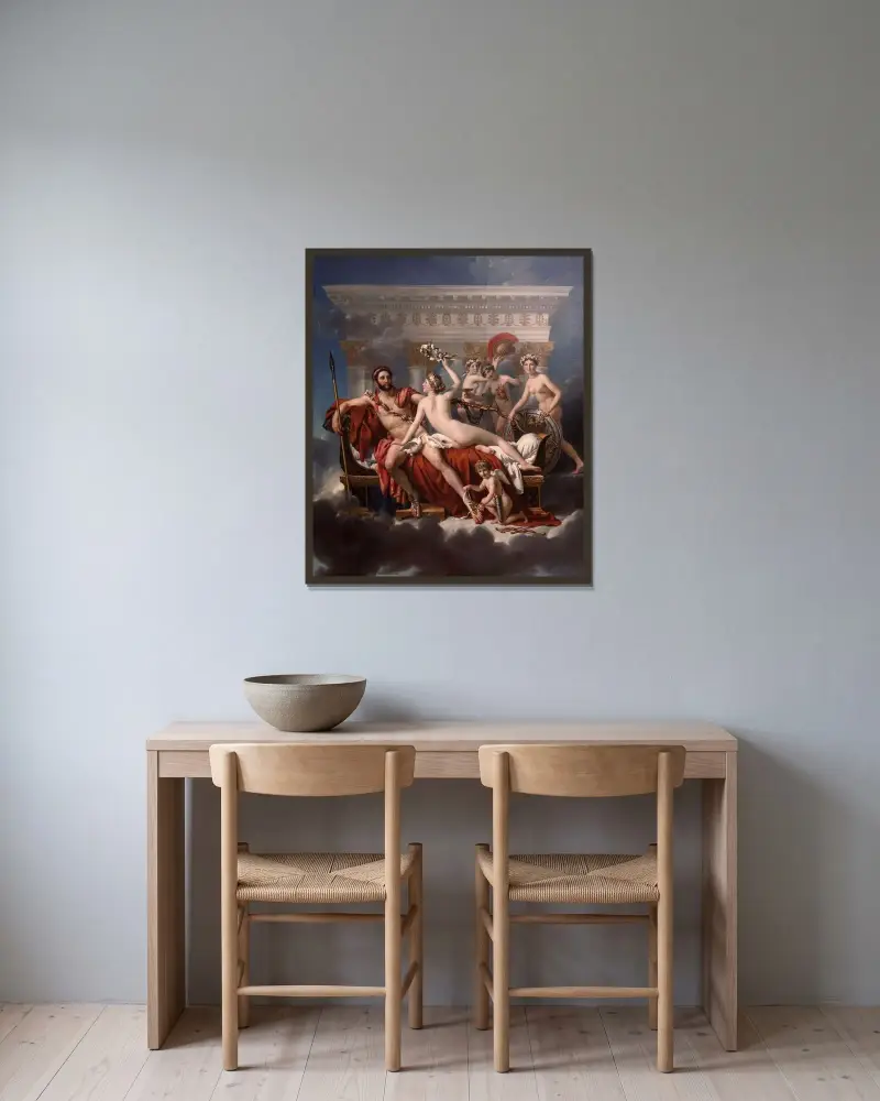Mars avväpnad av Venus av Jacques Louis David inramad på en vägg