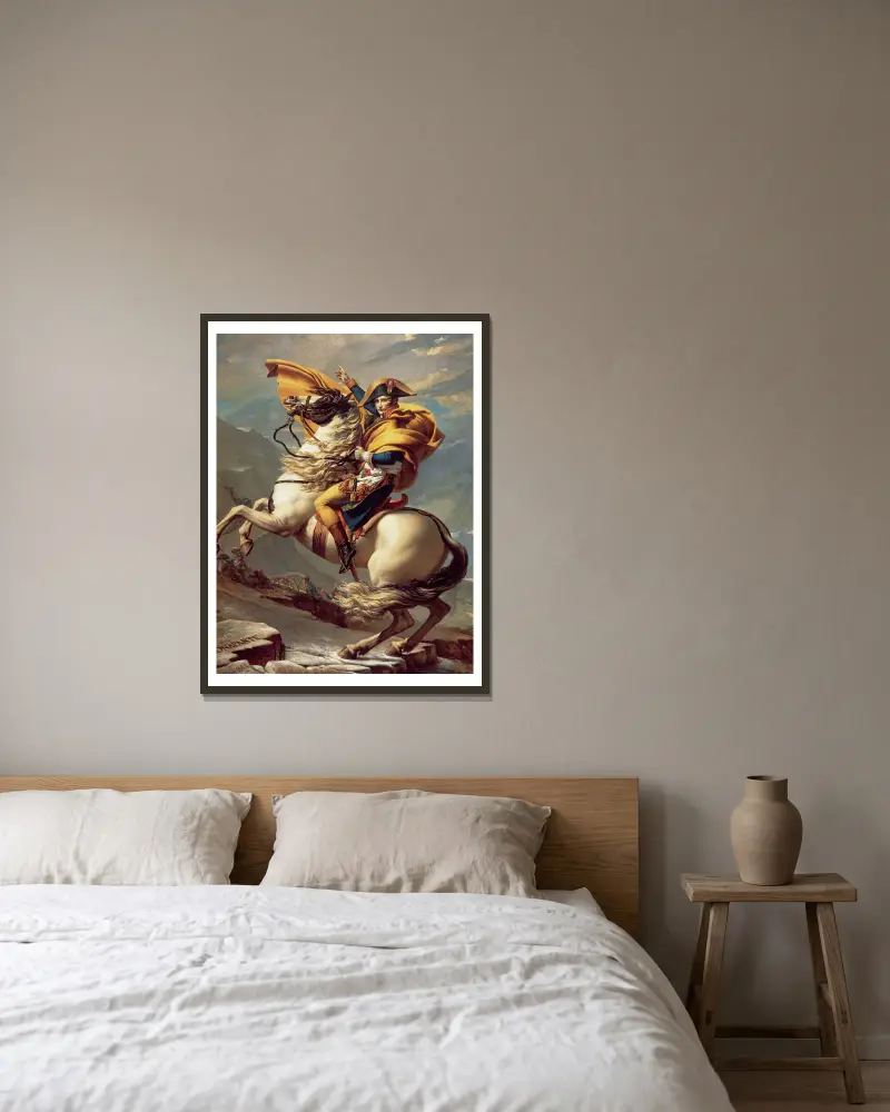 Napoleon Crossing The Alps av Jacques Louis David inramad på en vägg