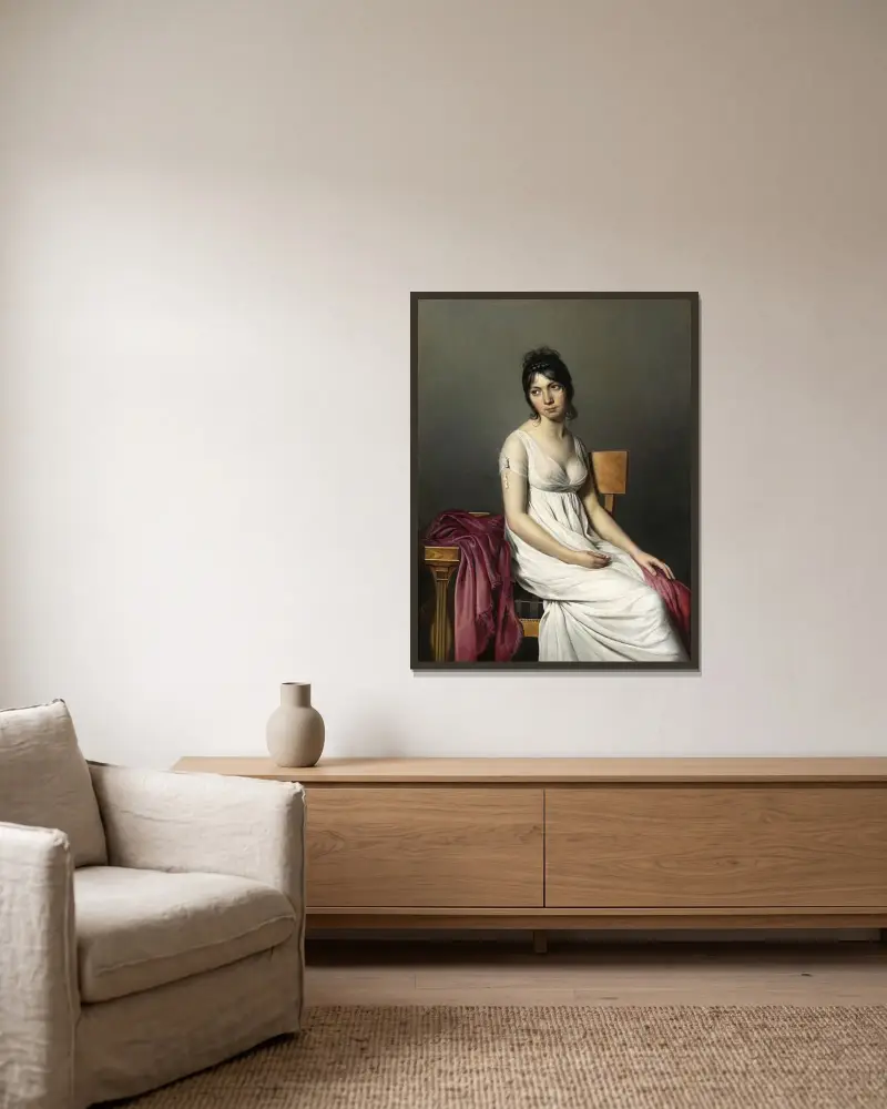 Porträtt av ung kvinna i vitt av Jacques Louis David inramad på en vägg