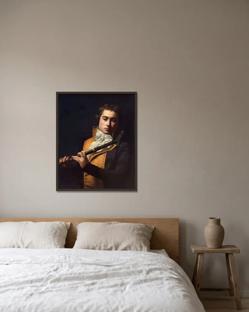 Porträtt av flöjtisten François Devienne av Jacques Louis David inramad på en vägg