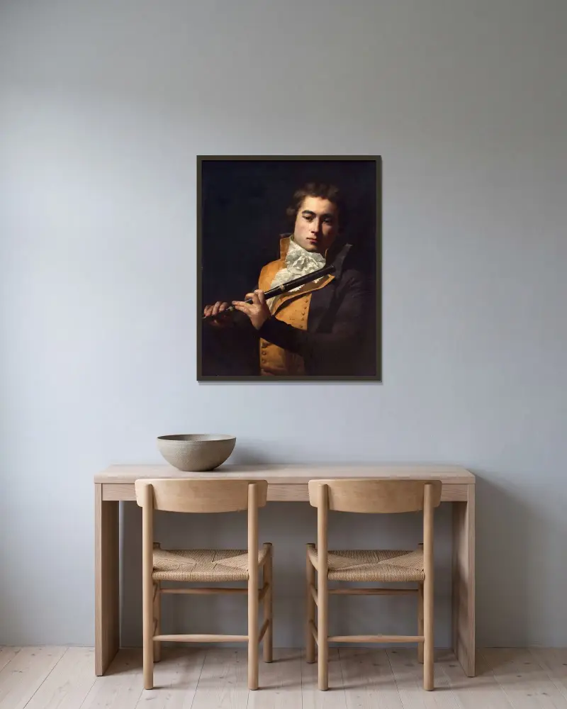 Porträtt av flöjtisten François Devienne av Jacques Louis David inramad på en vägg