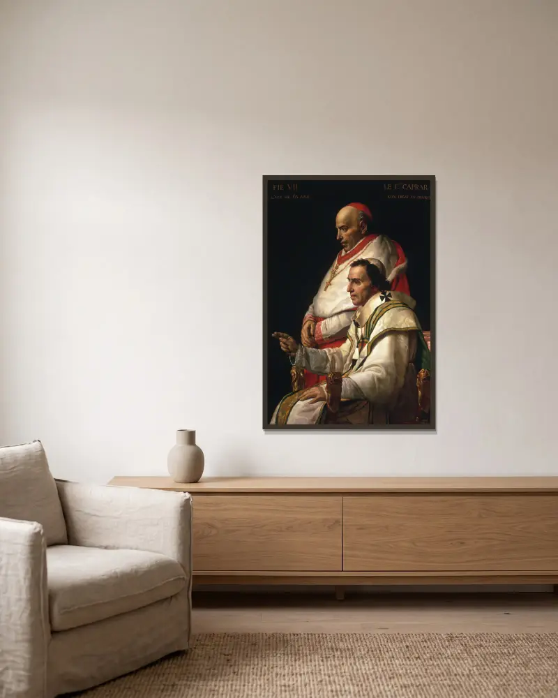 Portrait Of Pope Pius VII And Cardinal Caprara av Jacques Louis David inramad på en vägg