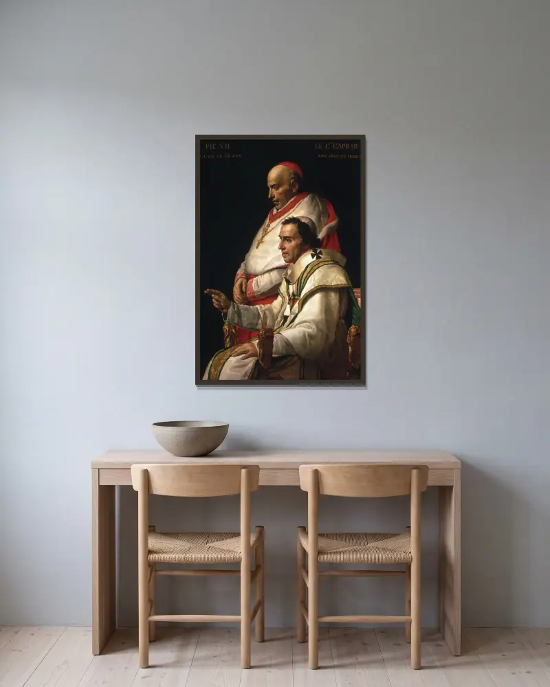 Portrait Of Pope Pius VII And Cardinal Caprara av Jacques Louis David inramad på en vägg