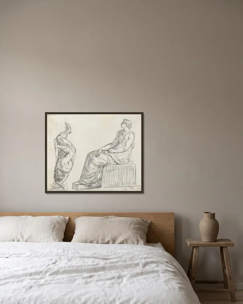 Sittande kvinna och man utsträckt på marken av Jacques Louis David inramad på en vägg