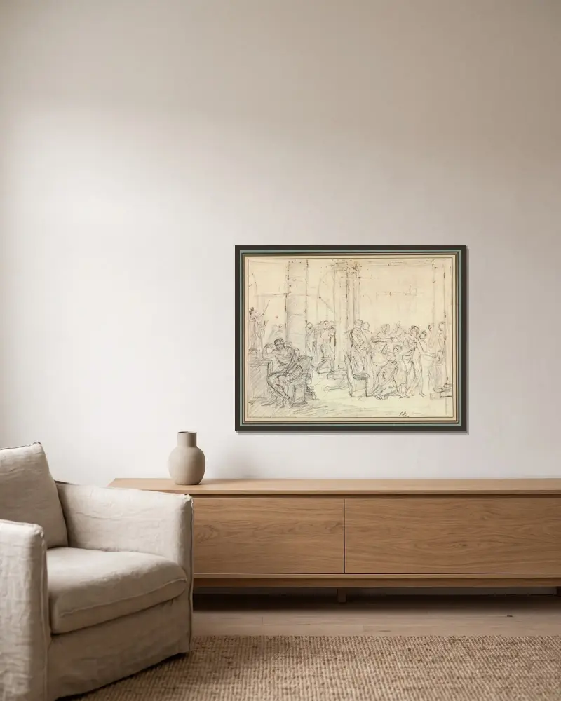 Studie zu den Liktoren, die Brutus die Leichname seiner Söhne bringen von Jacques Louis David gerahmt an einer Wand