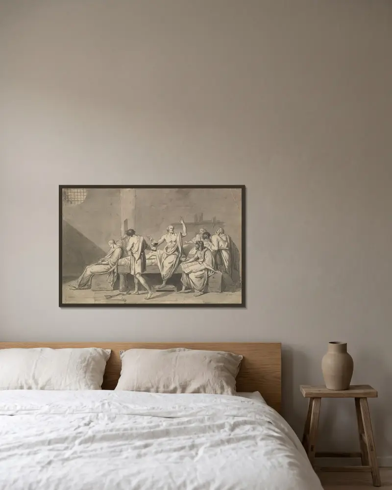 Sokrates död av Jacques Louis David inramad på en vägg