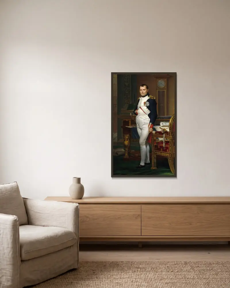 Kejsar Napoleon i sitt arbetsrum på Tuilerierna av Jacques Louis David inramad på en vägg