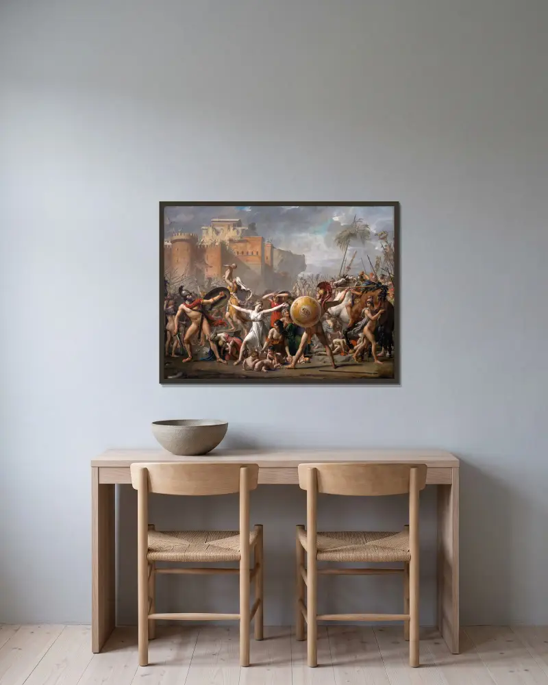 The Intervention Of The Sabine Women av Jacques Louis David inramad på en vägg