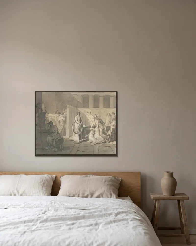 Liktorerna återför Brutus söners kroppar av Jacques Louis David inramad på en vägg