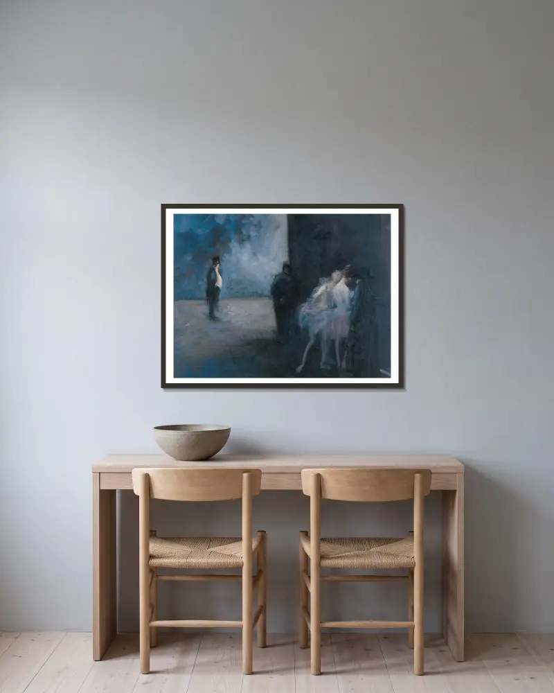 Backstage – Symphonie in Blau von Jean-Louis Forain gerahmt an einer Wand