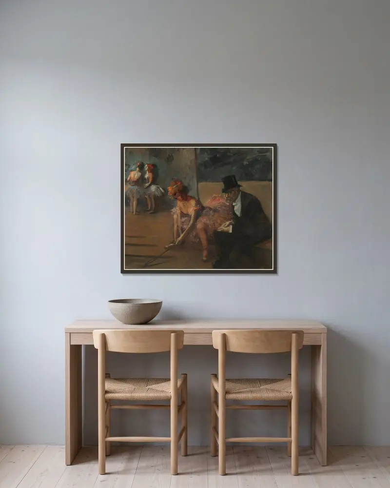 Dansös och beundrare bakom scenen av Jean-Louis Forain inramad på en vägg