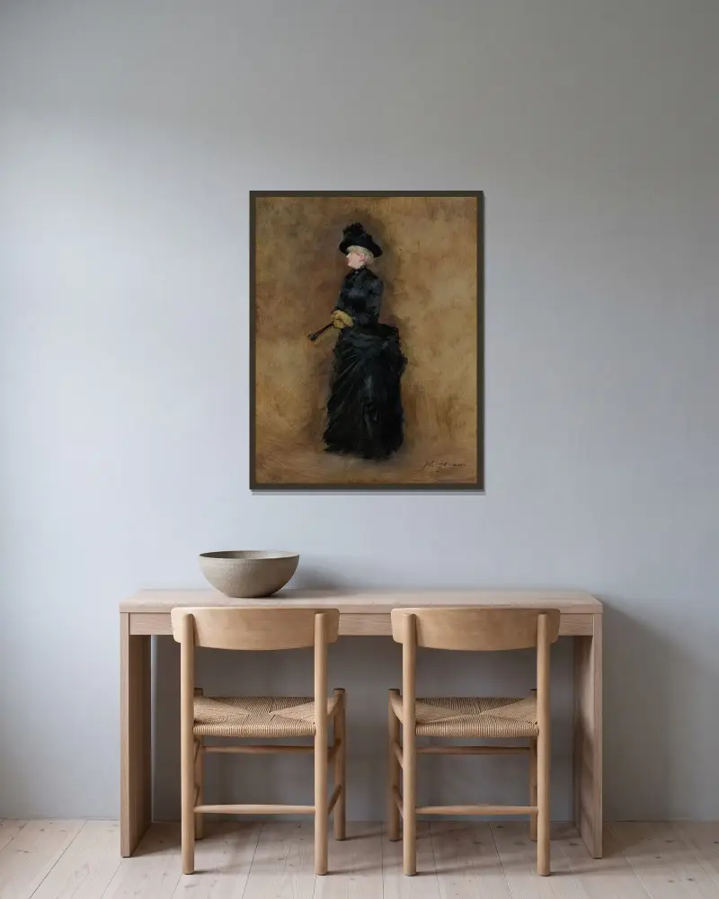 Den eleganta med solfjädern av Jean-Louis Forain inramad på en vägg
