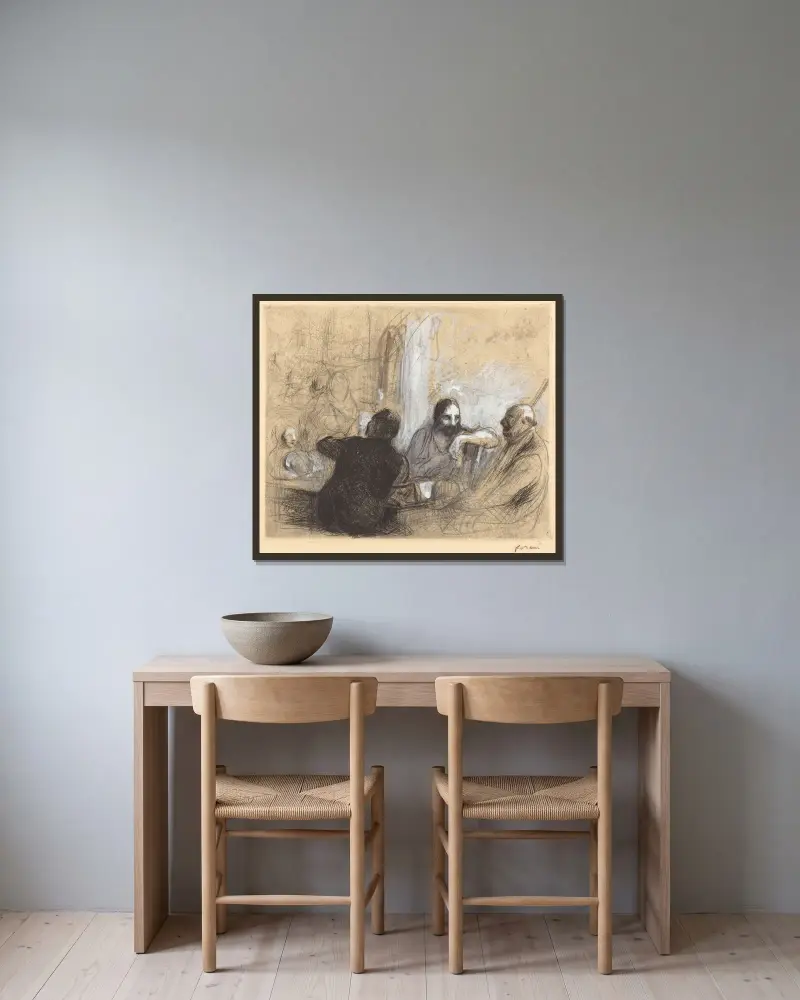 Pilgrimer i Emmaus av Jean-Louis Forain inramad på en vägg