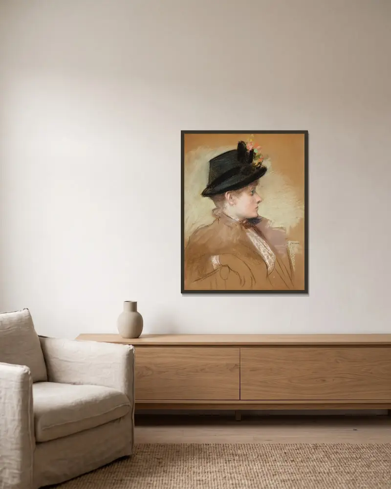 Porträtt av en ung elegant med hatt av Jean-Louis Forain inramad på en vägg