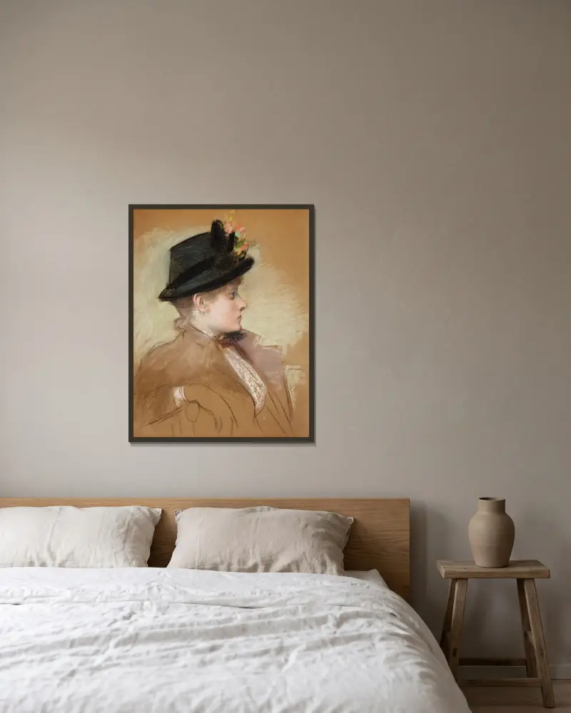 Porträtt av en ung elegant med hatt av Jean-Louis Forain inramad på en vägg