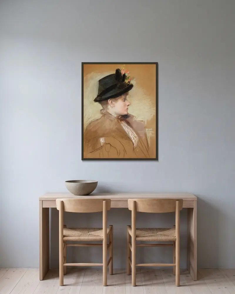Porträtt av en ung elegant med hatt av Jean-Louis Forain inramad på en vägg
