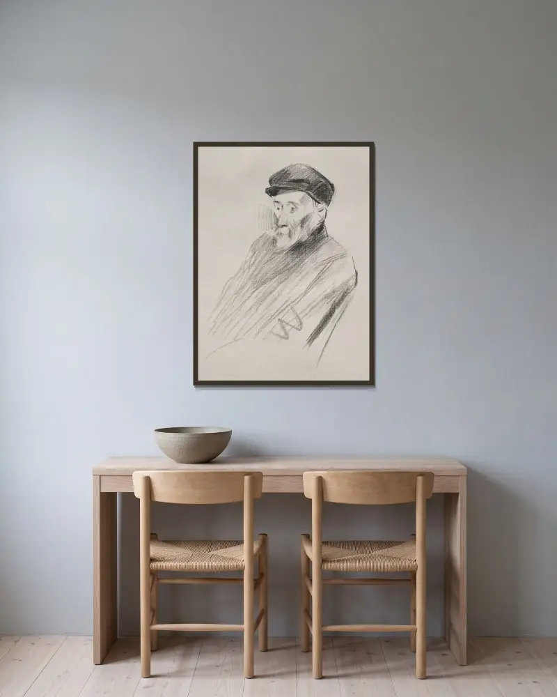 Porträtt av Renoir, tredje plåten av Jean-Louis Forain inramad på en vägg