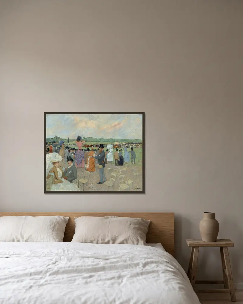 Kapplöpningen på Longchamp av Jean-Louis Forain inramad på en vägg