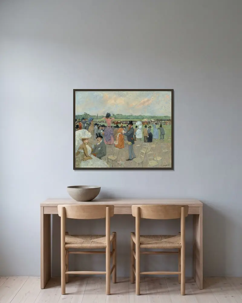 Kapplöpningen på Longchamp av Jean-Louis Forain inramad på en vägg