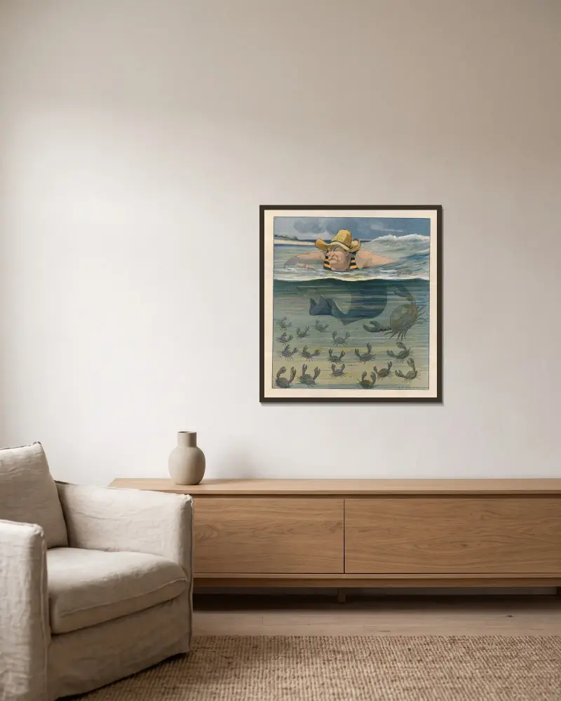 Er ahnt nicht, was auf ihn zukommt von Louis Glackens gerahmt an einer Wand