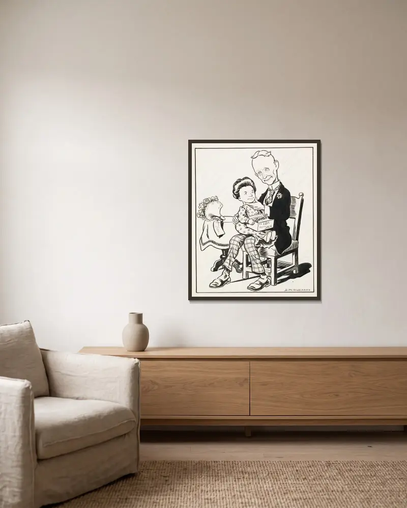 Mann auf einem Stuhl sitzend mit einer kindergroßen Frau auf dem Schoß, die Süßigkeiten hält von Louis Glackens gerahmt an einer Wand