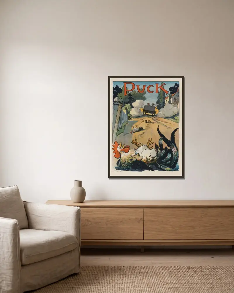 Warum überquert ein Huhn die Straße von Louis Glackens gerahmt an einer Wand