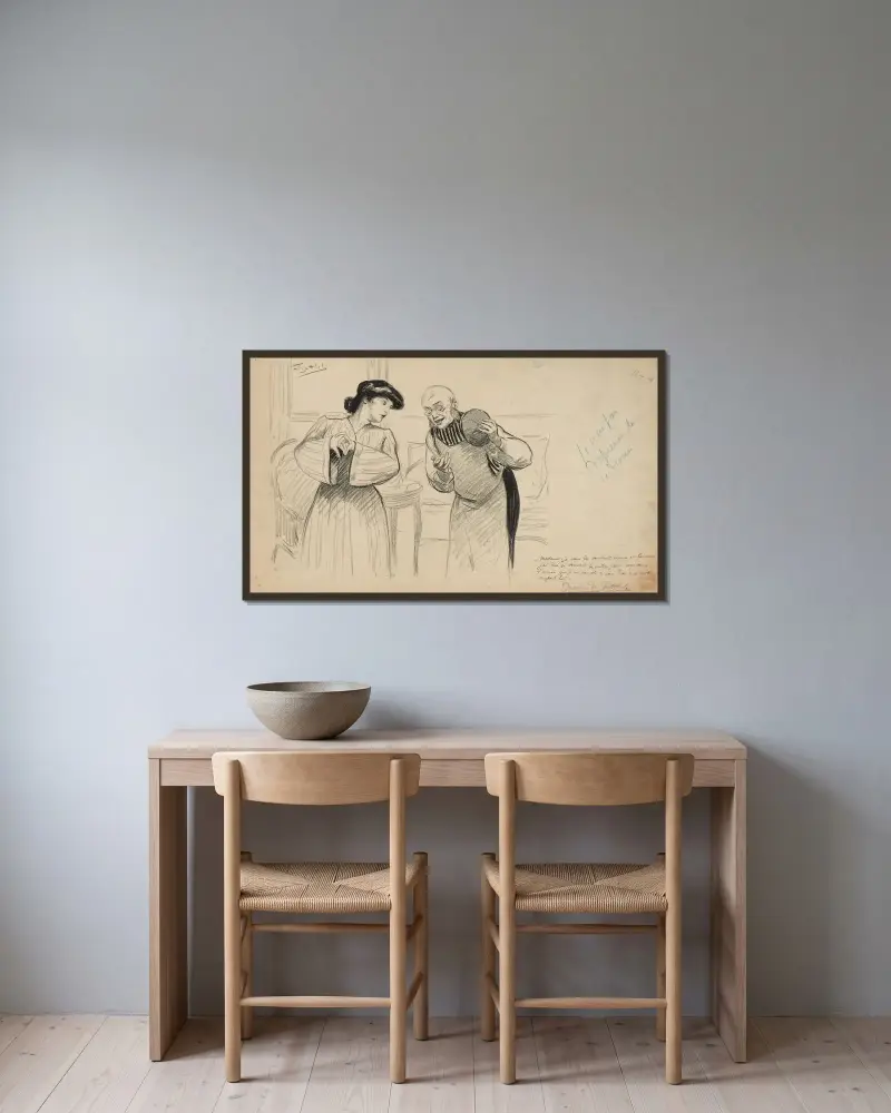 Madame. Je vous la souhaite bonne et heureuse j’ai tiré si souvent le cordon pour vous dans l’année que je me permets d av Fernand Louis Gottlob inramad på en vägg
