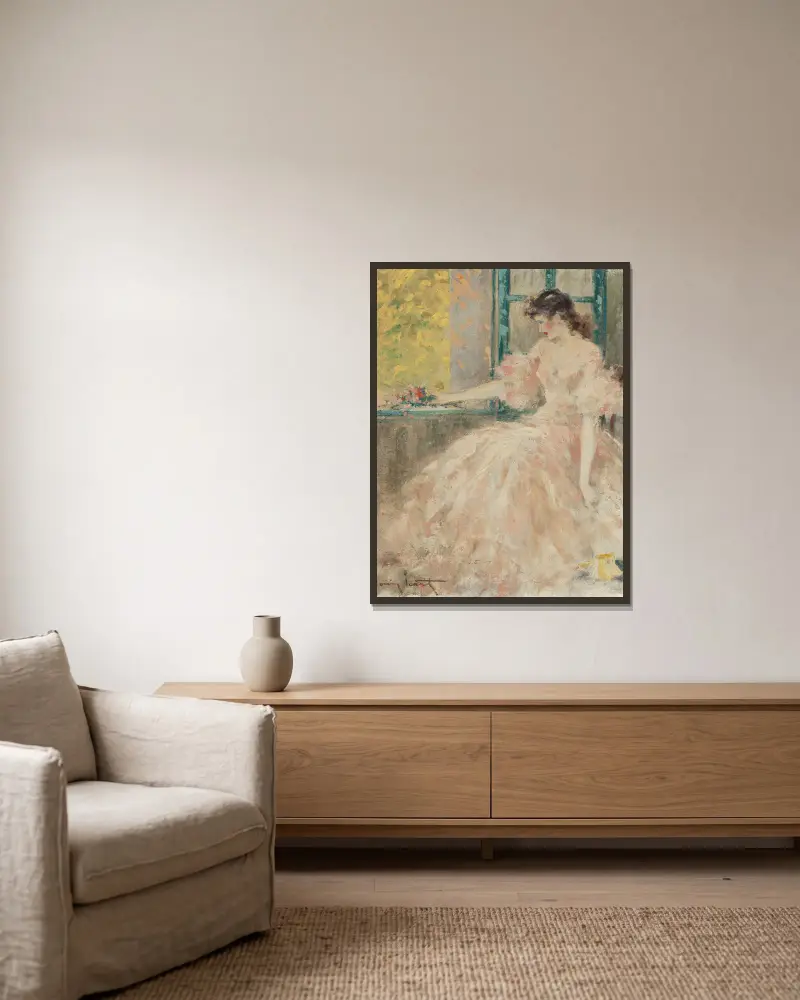 Femme Pensive av Louis Icart inramad på en vägg