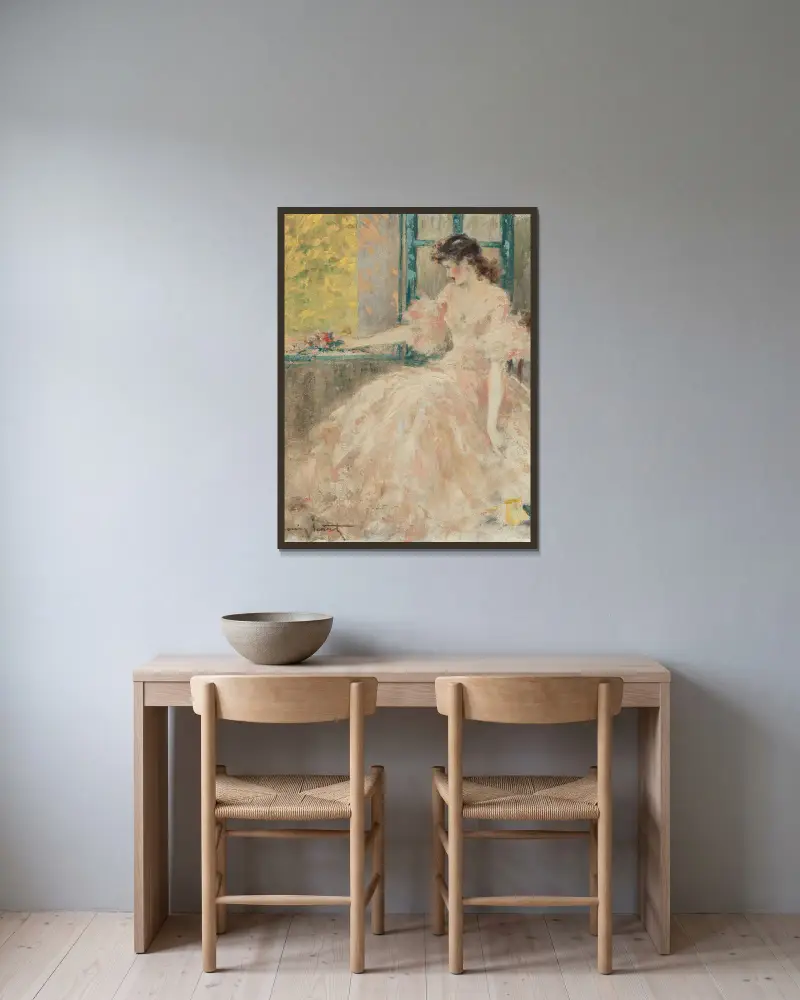 Femme Pensive av Louis Icart inramad på en vägg