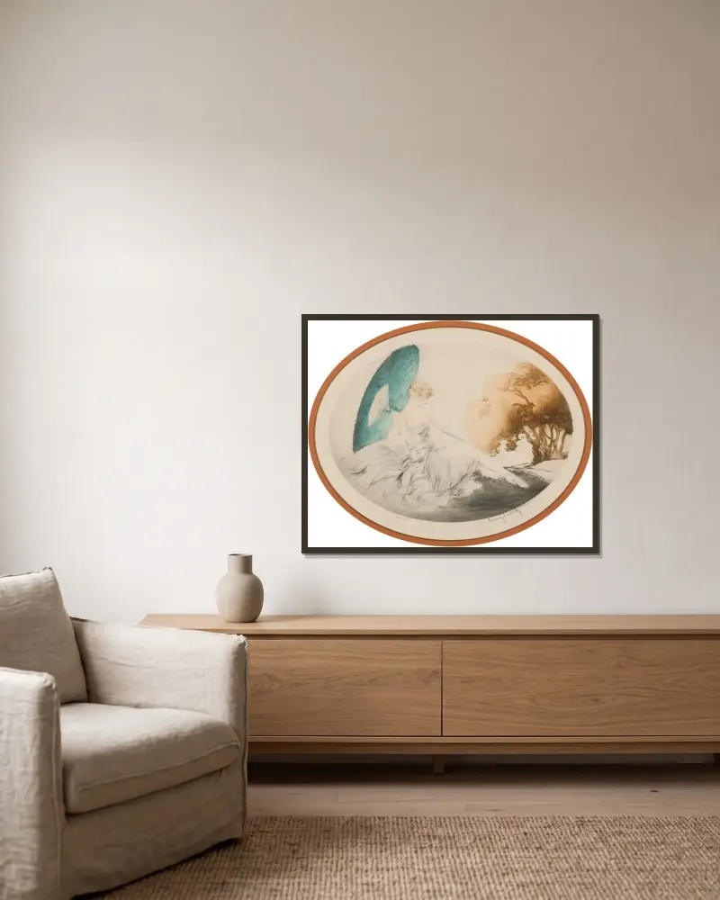 Liegende Frau mit Sonnenschirm von Louis Icart gerahmt an einer Wand