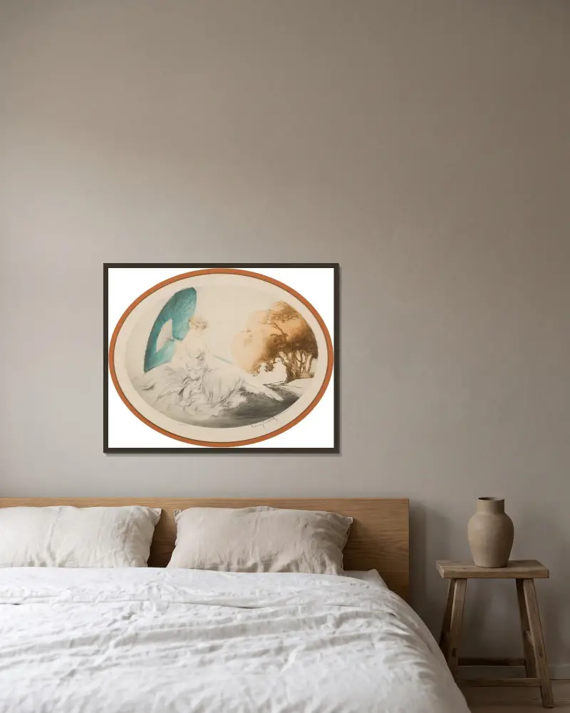 Liegende Frau mit Sonnenschirm von Louis Icart gerahmt an einer Wand