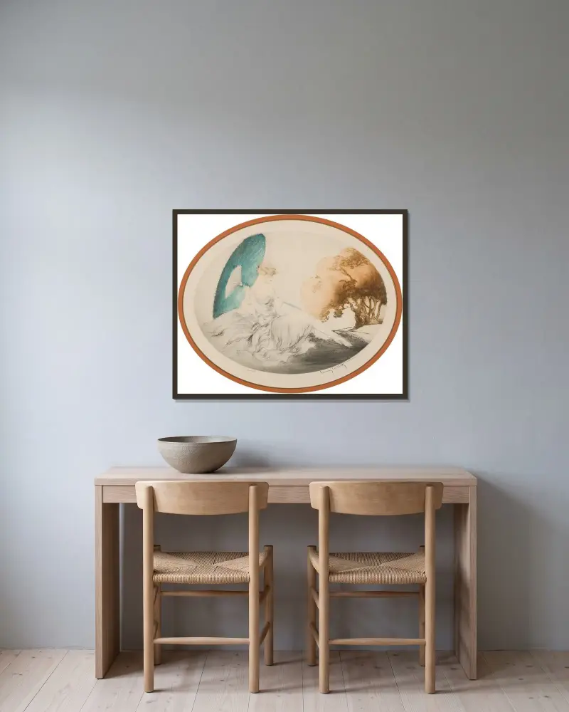 Liegende Frau mit Sonnenschirm von Louis Icart gerahmt an einer Wand