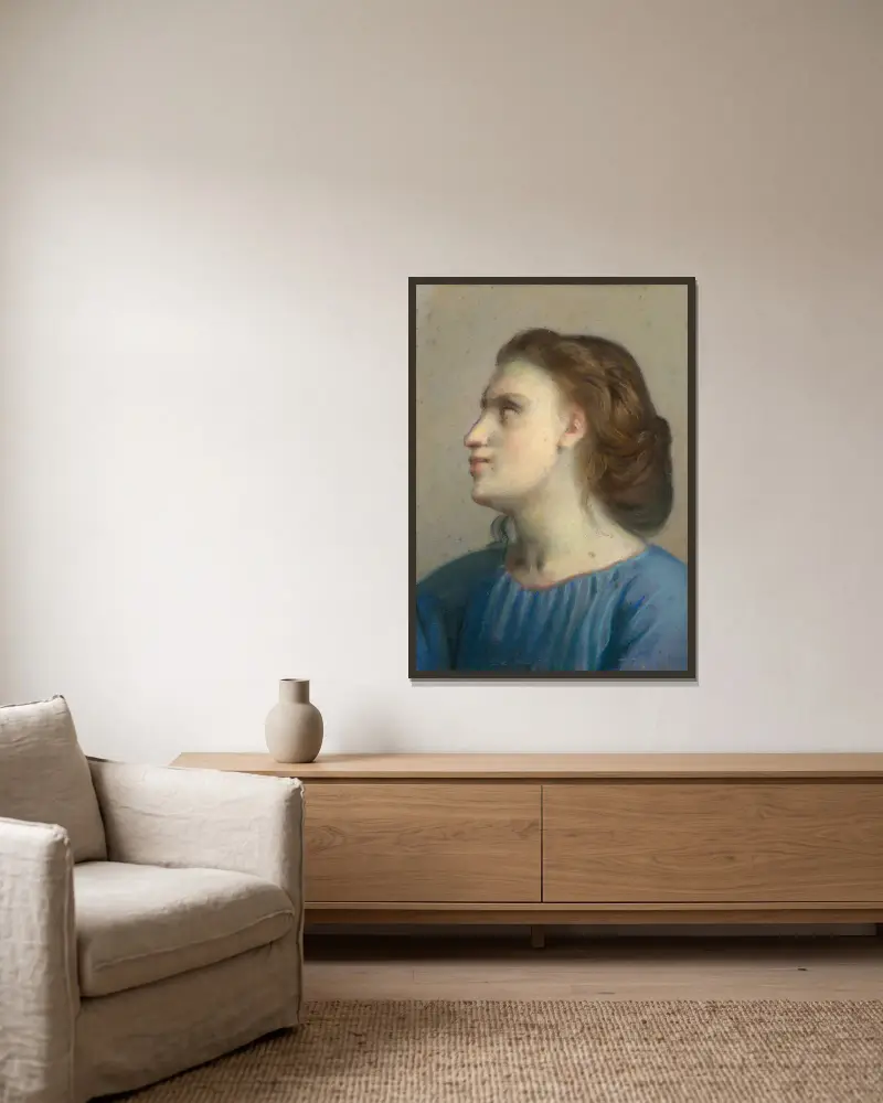 Portrait of a young girl in a blue shirt, av Louis Janmot inramad på en vägg