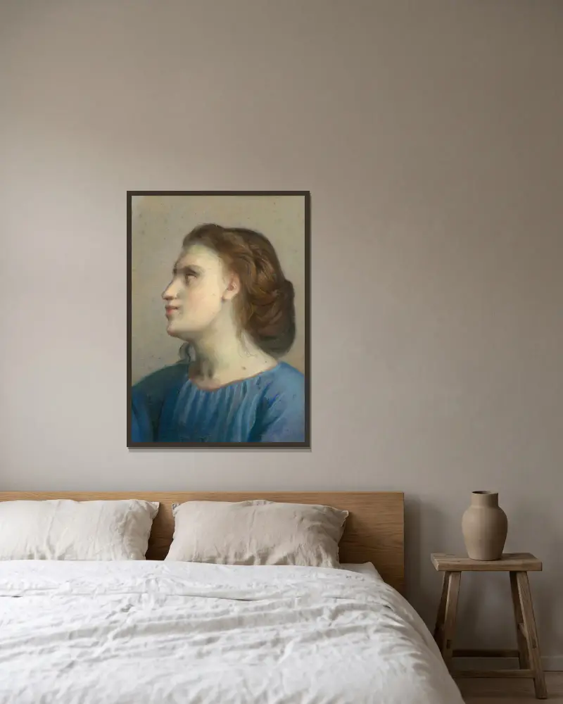Portrait of a young girl in a blue shirt, av Louis Janmot inramad på en vägg