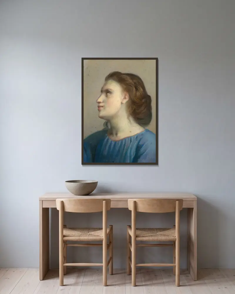 Portrait of a young girl in a blue shirt, av Louis Janmot inramad på en vägg