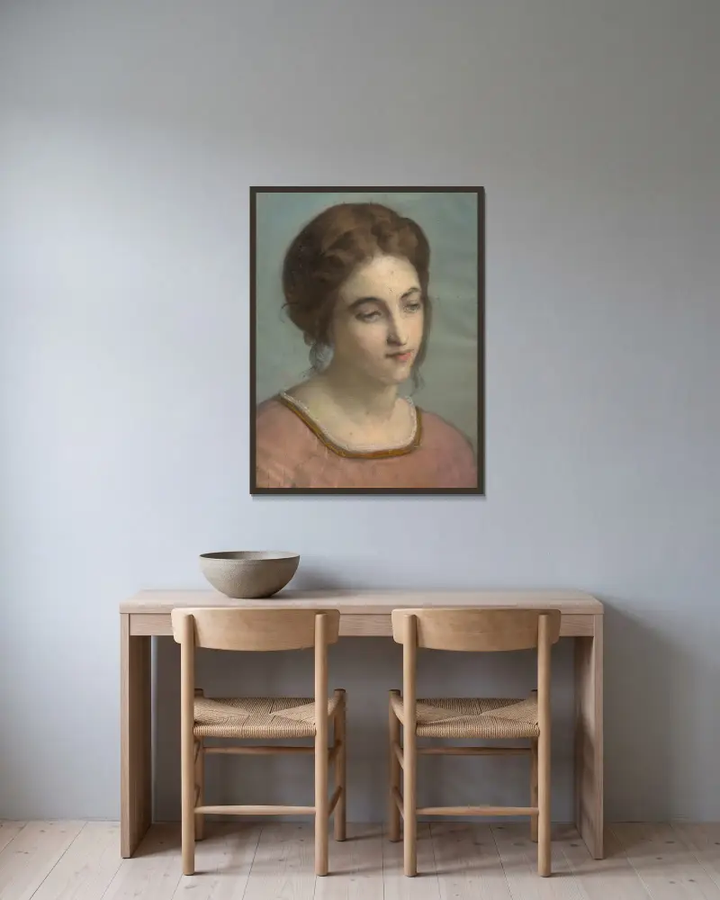 Portrait of a young woman with a pink shirt av Louis Janmot inramad på en vägg