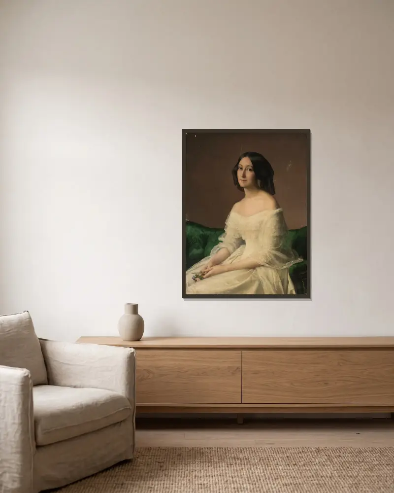 Portrait of Hortense Thayer née Bertrand av Louis Janmot inramad på en vägg