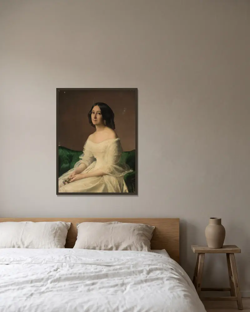 Portrait of Hortense Thayer née Bertrand av Louis Janmot inramad på en vägg